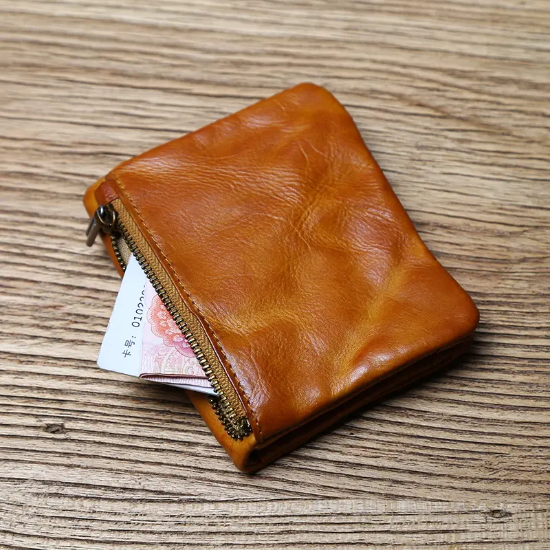 NZPJ Male Retro Leather Wallet Female Short Wallet First Layer Cowhide Vertical Wallet Vegetable Tanned Leather Bank Card Holder