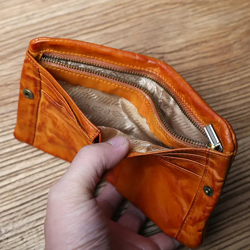 NZPJ Male Retro Leather Wallet Female Short Wallet First Layer Cowhide Vertical Wallet Vegetable Tanned Leather Bank Card Holder