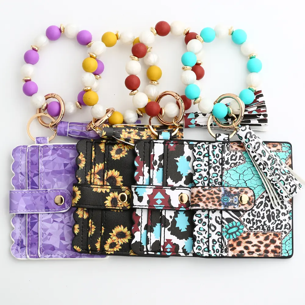 2024 Silicone Bead Bracelet Solid Leather Card Bag Wristlet Keychain Silicone Beaded Bracelet Leather Tassel Wallet Bangle