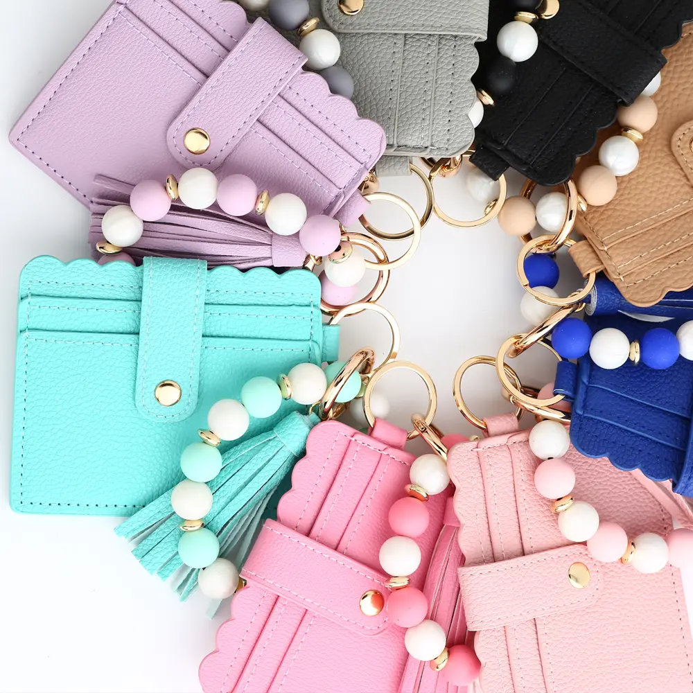 2024 Silicone Bead Bracelet Solid Leather Card Bag Wristlet Keychain Silicone Beaded Bracelet Leather Tassel Wallet Bangle