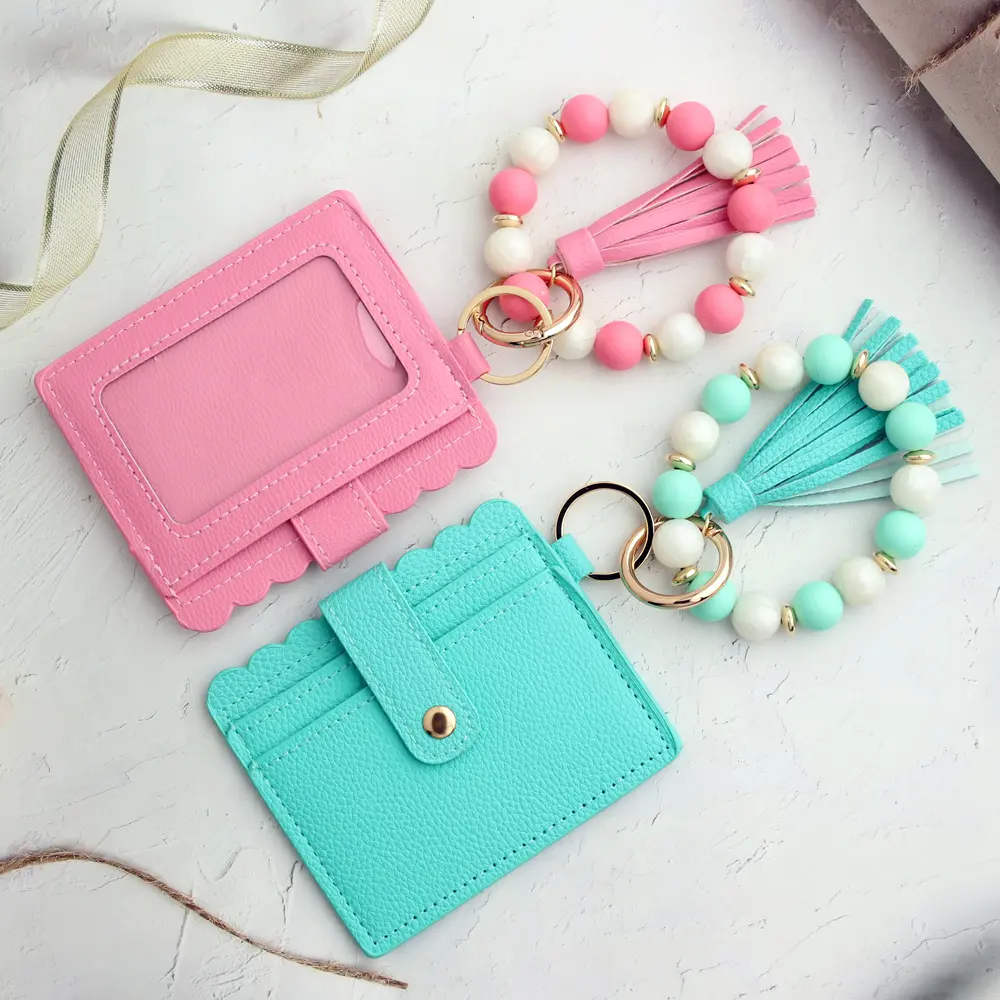 2024 Silicone Bead Bracelet Solid Leather Card Bag Wristlet Keychain Silicone Beaded Bracelet Leather Tassel Wallet Bangle