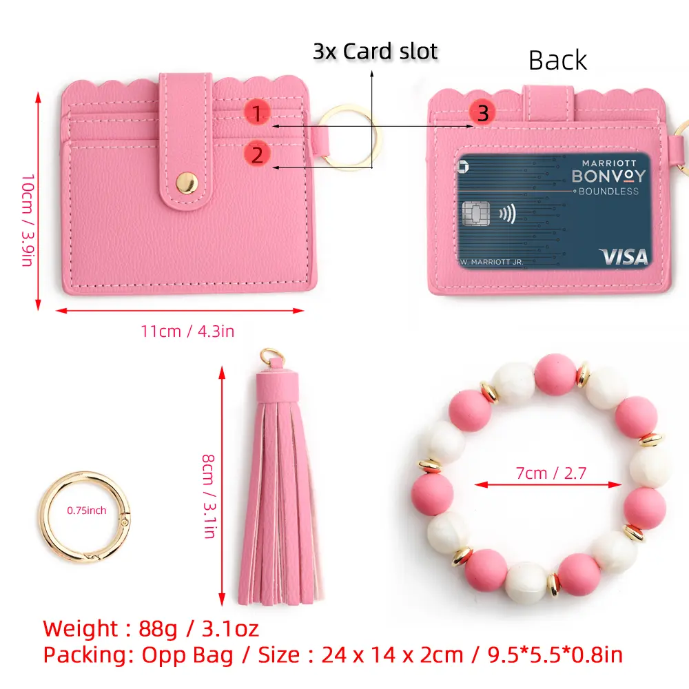 2024 Silicone Bead Bracelet Solid Leather Card Bag Wristlet Keychain Silicone Beaded Bracelet Leather Tassel Wallet Bangle
