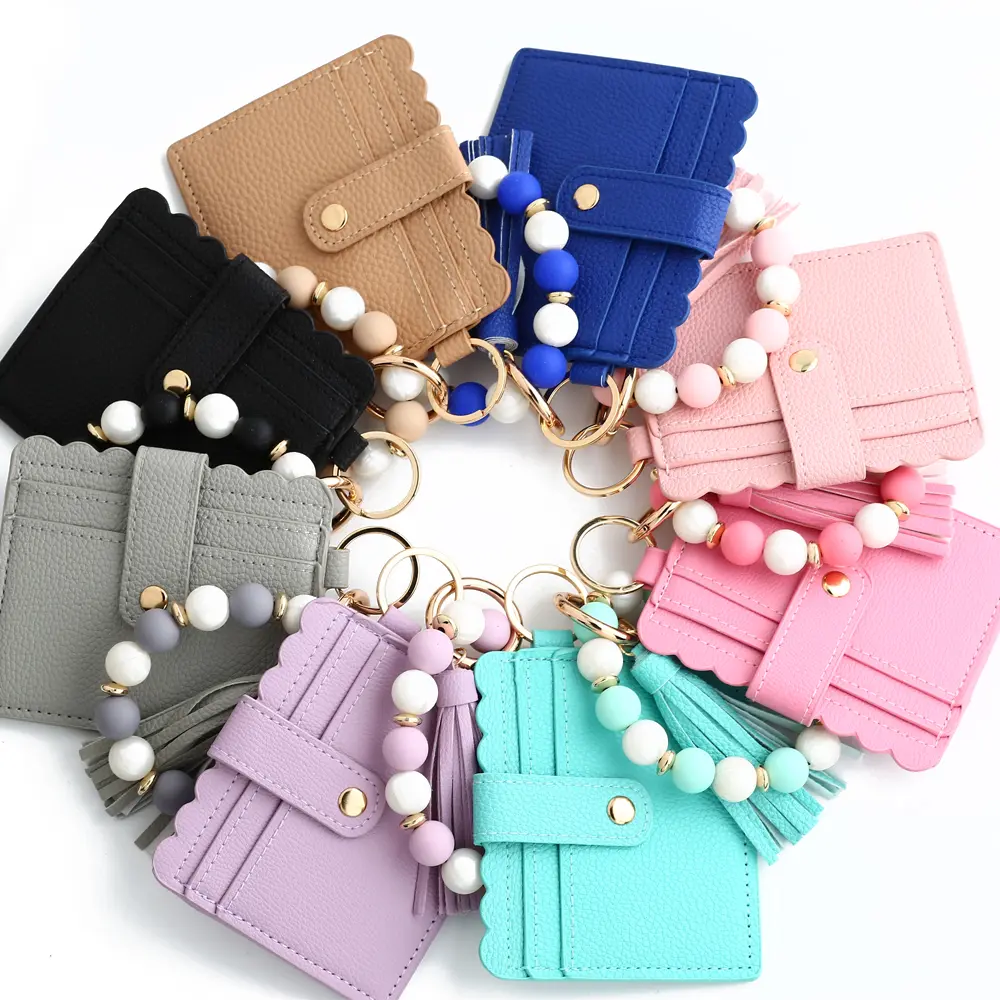 2024 Silicone Bead Bracelet Solid Leather Card Bag Wristlet Keychain Silicone Beaded Bracelet Leather Tassel Wallet Bangle