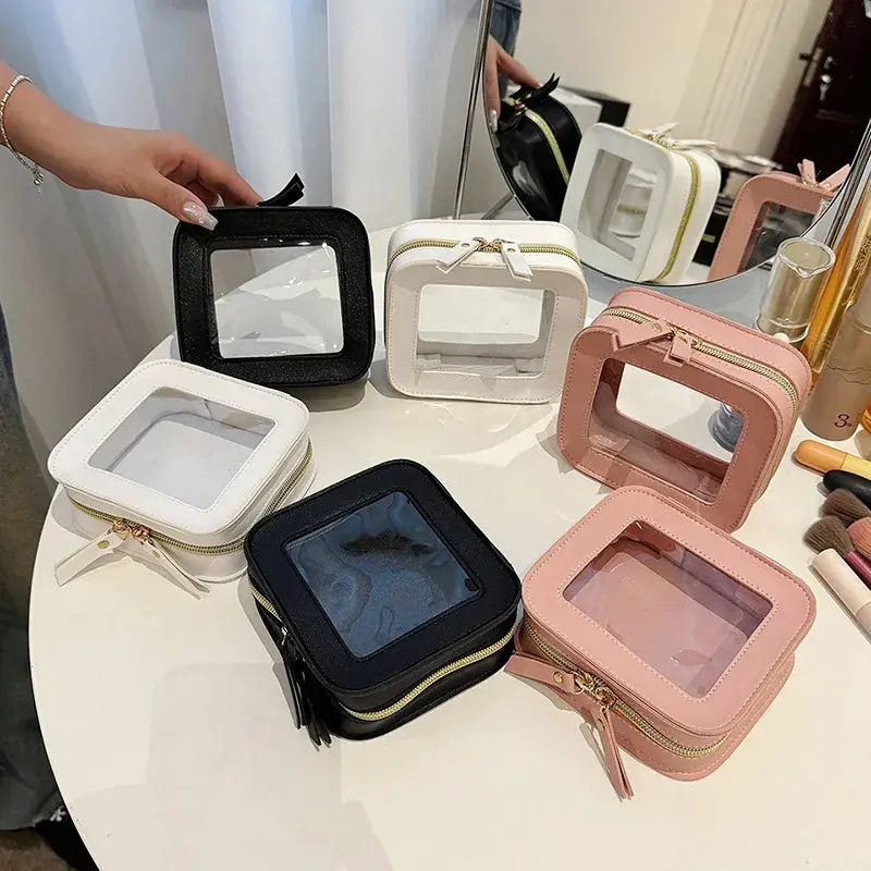 Mini Clear Makeup Bag Pu Saffiano Vegan Faux Leather Cute Small Visible Window Storage Lipsticks Cosmetics Case for Purse Pouch