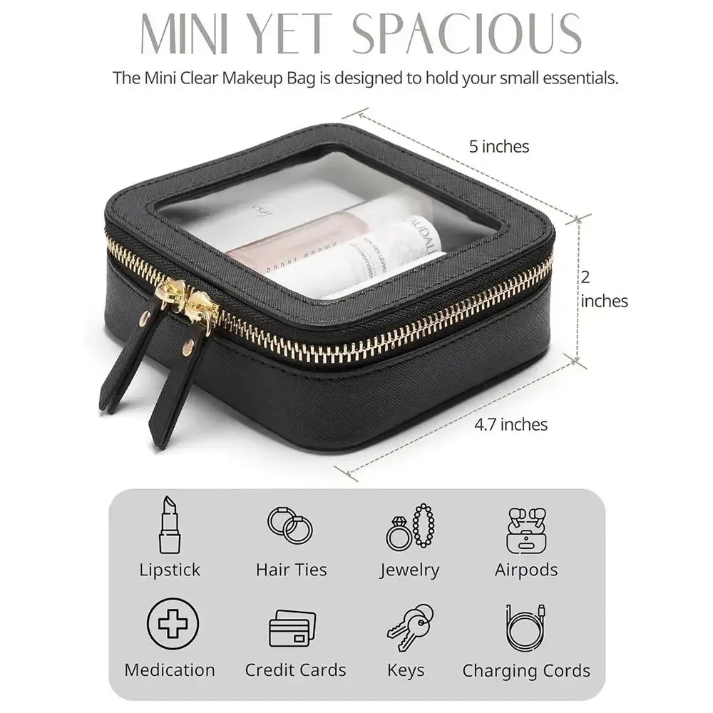 Mini Clear Makeup Bag Pu Saffiano Vegan Faux Leather Cute Small Visible Window Storage Lipsticks Cosmetics Case for Purse Pouch