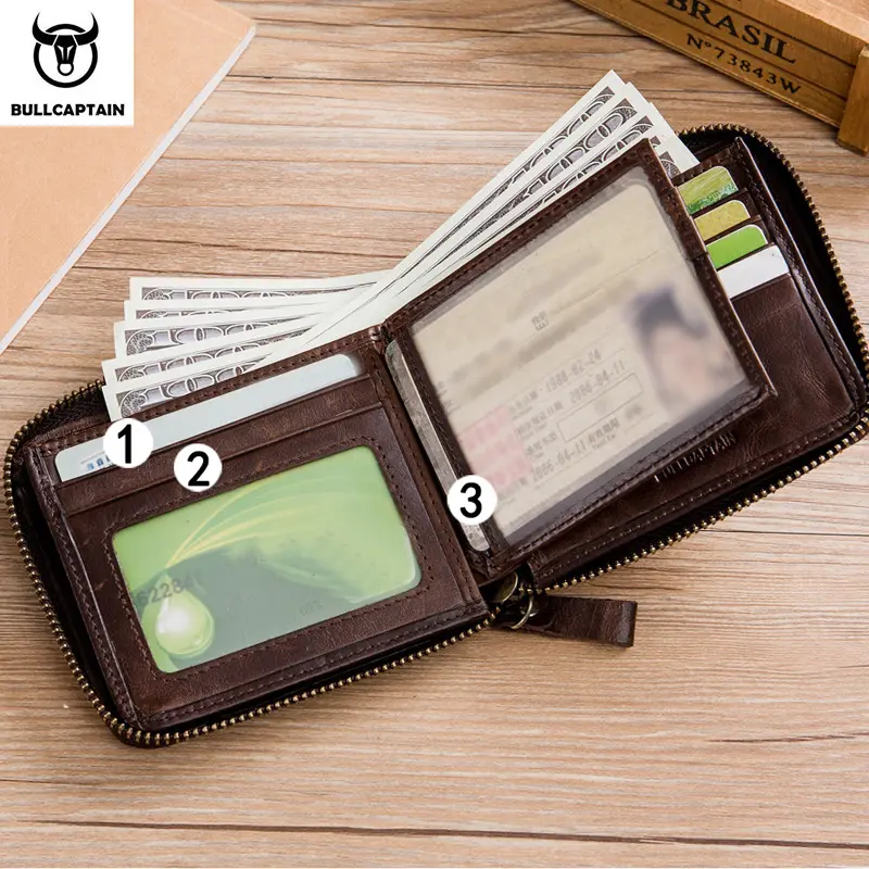 BULLCAPTAIN Genuine Leather Men's Wallet Vintage Zipper with Partition Clip RFID Credit Card Holder Burglar Leather Mini Wallet