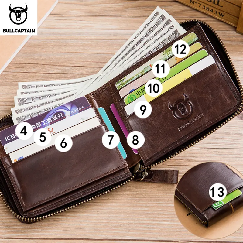 BULLCAPTAIN Genuine Leather Men's Wallet Vintage Zipper with Partition Clip RFID Credit Card Holder Burglar Leather Mini Wallet