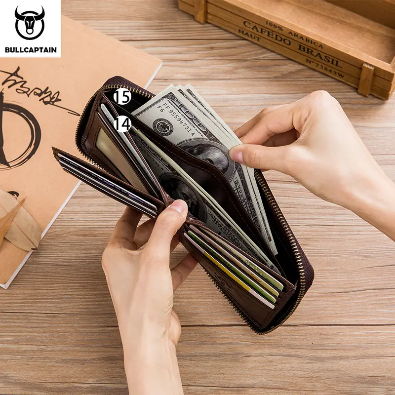 BULLCAPTAIN Genuine Leather Men's Wallet Vintage Zipper with Partition Clip RFID Credit Card Holder Burglar Leather Mini Wallet