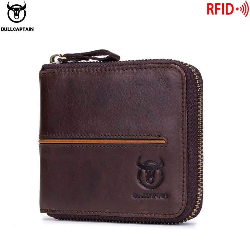 BULLCAPTAIN Genuine Leather Men's Wallet Vintage Zipper with Partition Clip RFID Credit Card Holder Burglar Leather Mini Wallet