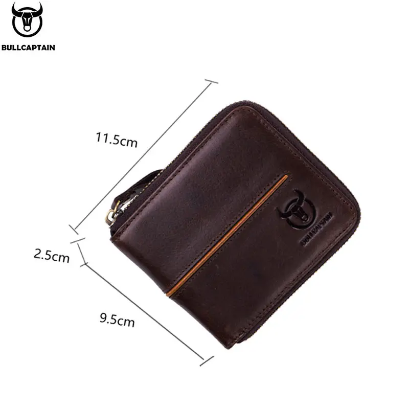 BULLCAPTAIN Genuine Leather Men's Wallet Vintage Zipper with Partition Clip RFID Credit Card Holder Burglar Leather Mini Wallet