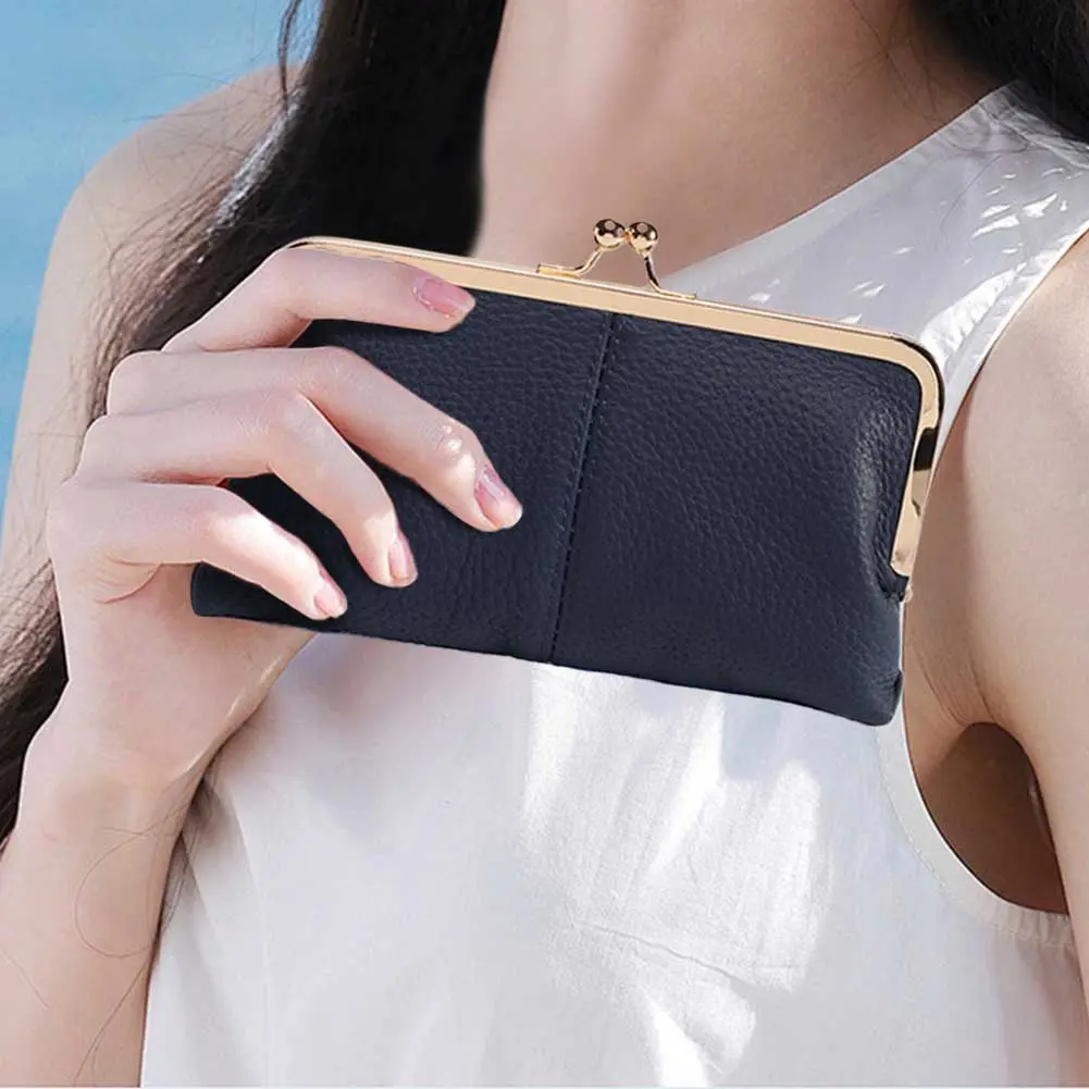 Genuine Leather Vintage Kiss Lock Wallet Large Capacity Long Card Holder Fashion Framed Coin Purse Key Card Storage Bag
