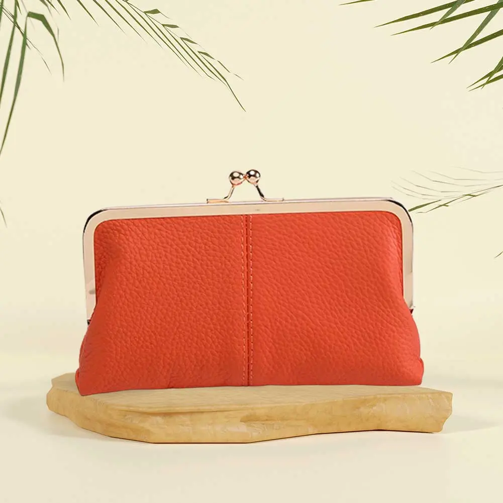 Genuine Leather Vintage Kiss Lock Wallet Large Capacity Long Card Holder Fashion Framed Coin Purse Key Card Storage Bag