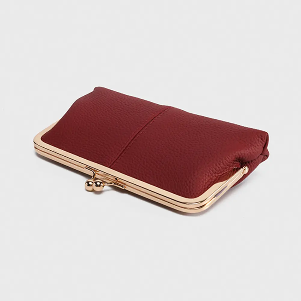 Genuine Leather Vintage Kiss Lock Wallet Large Capacity Long Card Holder Fashion Framed Coin Purse Key Card Storage Bag
