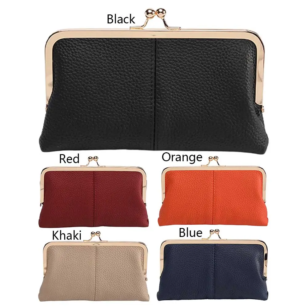 Genuine Leather Vintage Kiss Lock Wallet Large Capacity Long Card Holder Fashion Framed Coin Purse Key Card Storage Bag