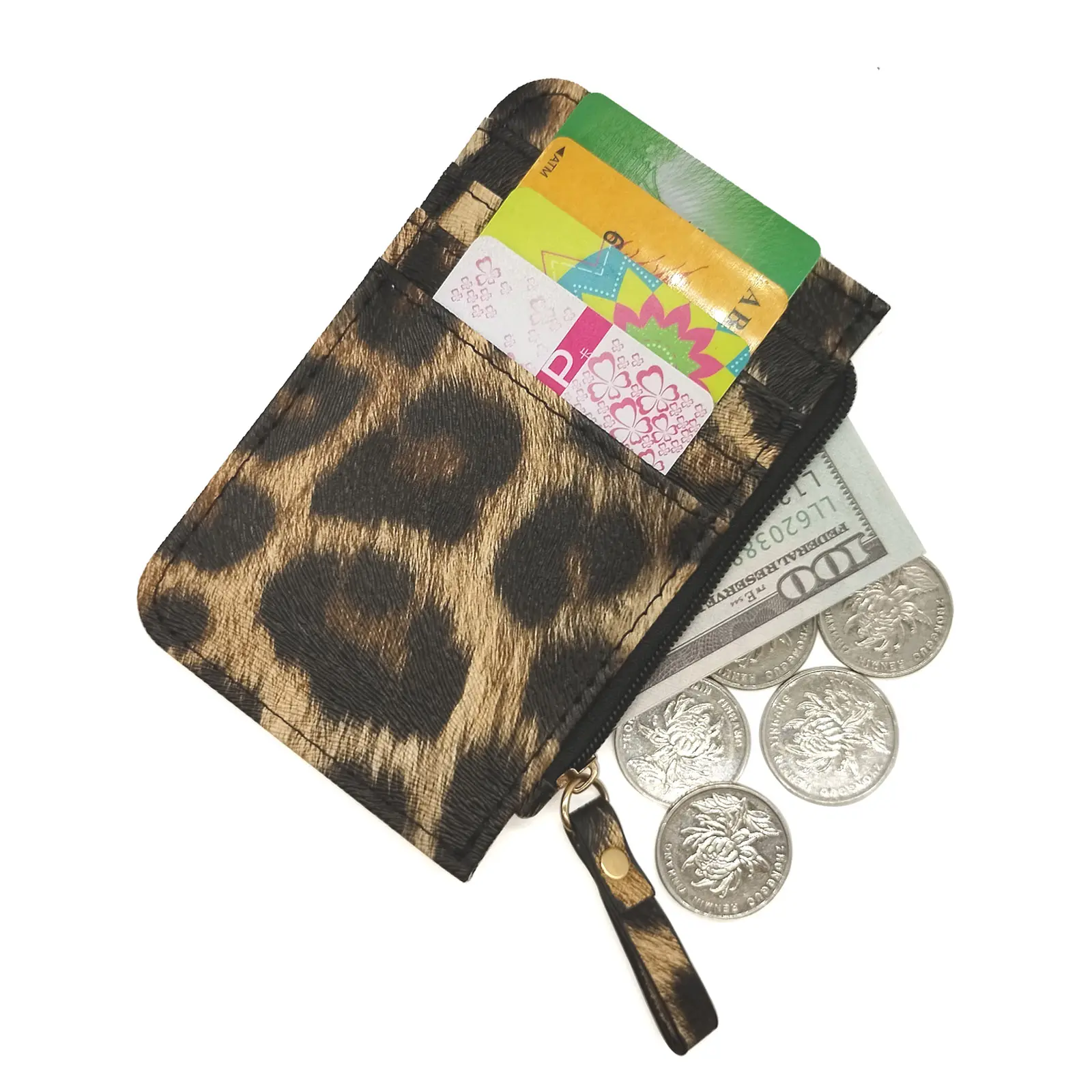 New Leopard Pattern Leather Slim Card Wallet For Women & Men Small Zipper Coin Purse Business Credit Card Holder Bag Nice Gifts