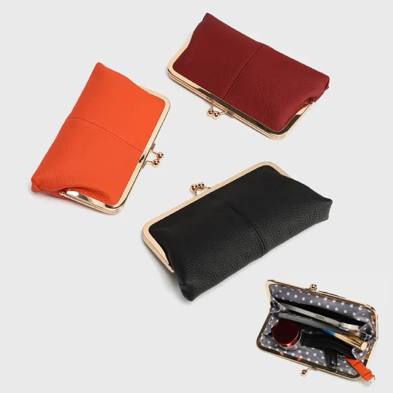 Genuine Leather Kiss Lock Wallet Large Capacity Double Clip Clutch Purse Long Card Holder Travel Wallet Framed Coin Change Pouch