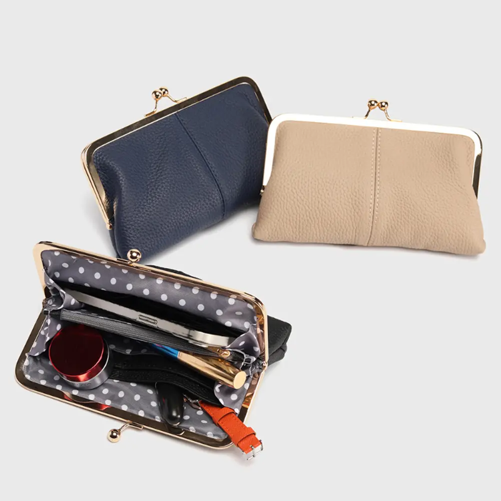 Genuine Leather Kiss Lock Wallet Large Capacity Double Clip Clutch Purse Long Card Holder Travel Wallet Framed Coin Change Pouch