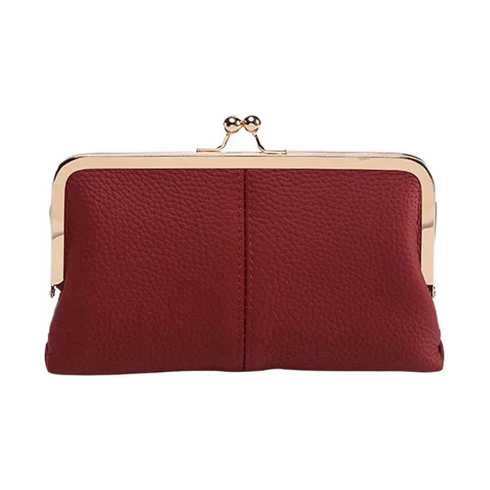 Genuine Leather Kiss Lock Wallet Large Capacity Double Clip Clutch Purse Long Card Holder Travel Wallet Framed Coin Change Pouch