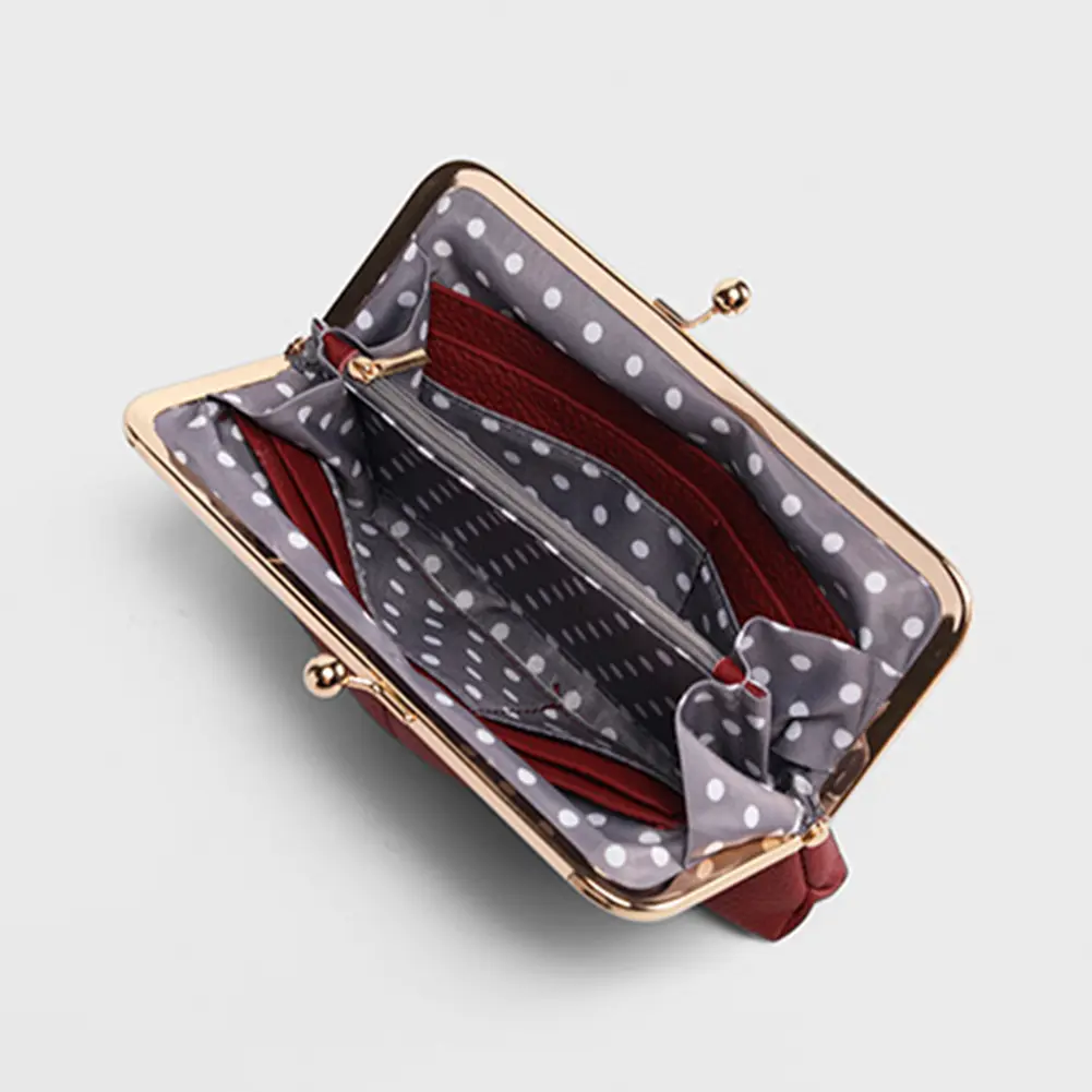 Genuine Leather Kiss Lock Wallet Large Capacity Double Clip Clutch Purse Long Card Holder Travel Wallet Framed Coin Change Pouch