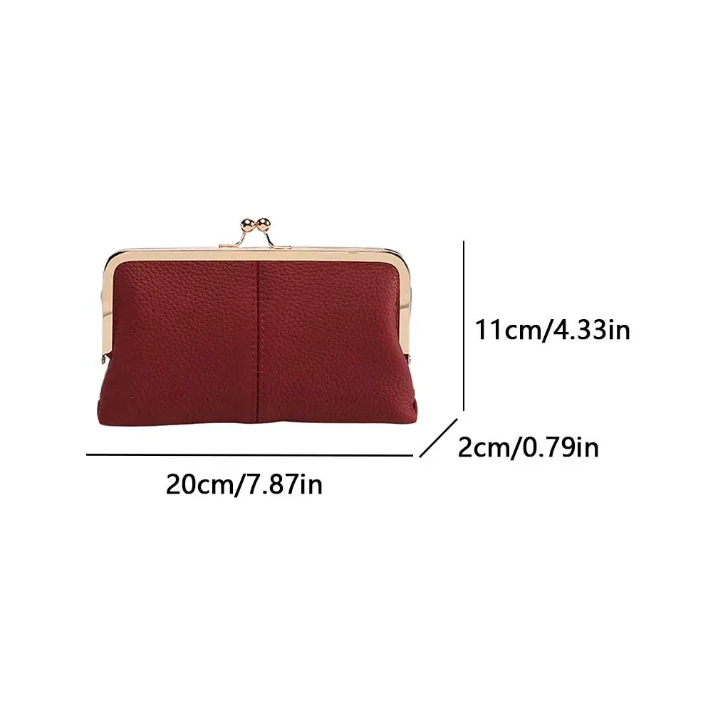 Genuine Leather Kiss Lock Wallet Large Capacity Double Clip Clutch Purse Long Card Holder Travel Wallet Framed Coin Change Pouch