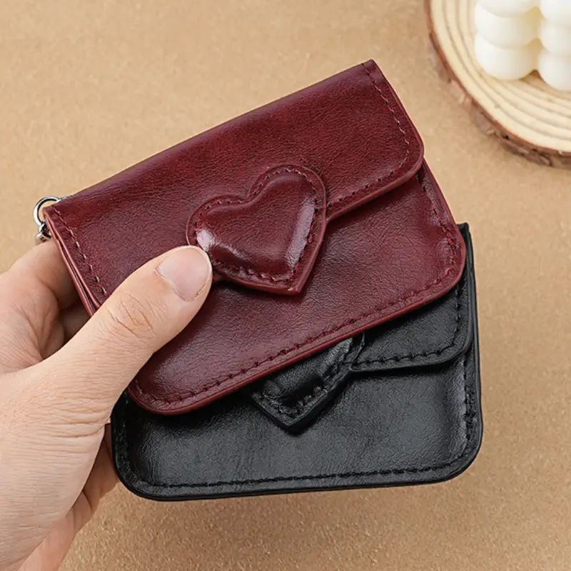 Women Lightweight PU Leather Card Holder Cute Heart Shaped Small Wallet Multi-card Anti-magnetic Card Travel Cash Coin Bag