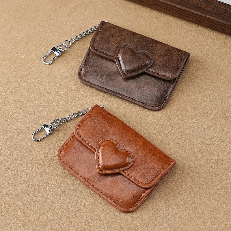 Women Lightweight PU Leather Card Holder Cute Heart Shaped Small Wallet Multi-card Anti-magnetic Card Travel Cash Coin Bag