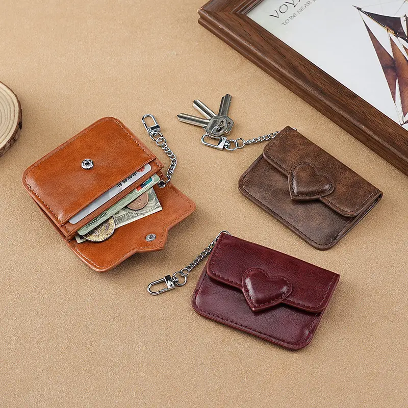 Women Lightweight PU Leather Card Holder Cute Heart Shaped Small Wallet Multi-card Anti-magnetic Card Travel Cash Coin Bag
