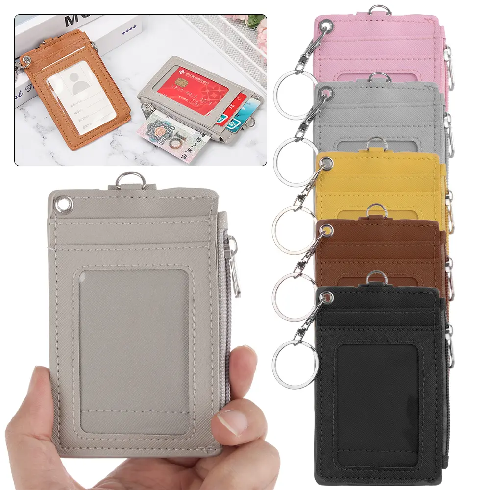 Fashion PU Leather Business ID Card Holder Credit Badge Holder Bus Cards Cover Coin Purse Wallet With Keychain