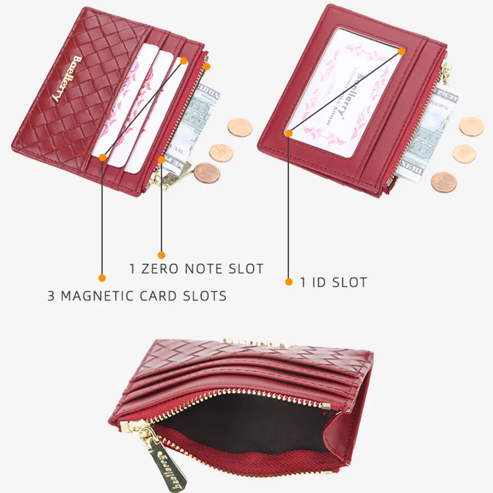 Baellerry Mini Women Wallets Card Wallets Slim Zipper Weave PU Leather Top Quality Fashion Female Purse Card Holder Wallet