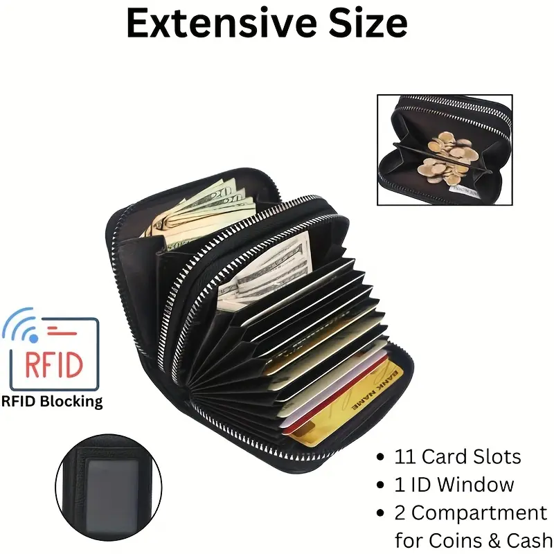 2025 New Women's Leather Credit Card Holder Double Zipper with ID Window and Coin Purse - Securely Store and Organize Your Cards