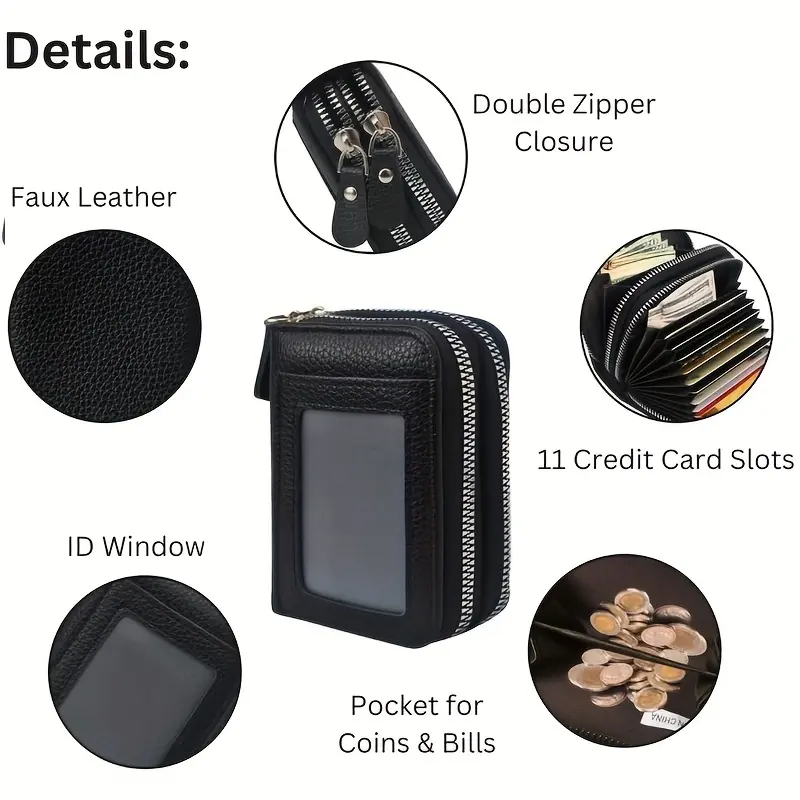 2025 New Women's Leather Credit Card Holder Double Zipper with ID Window and Coin Purse - Securely Store and Organize Your Cards
