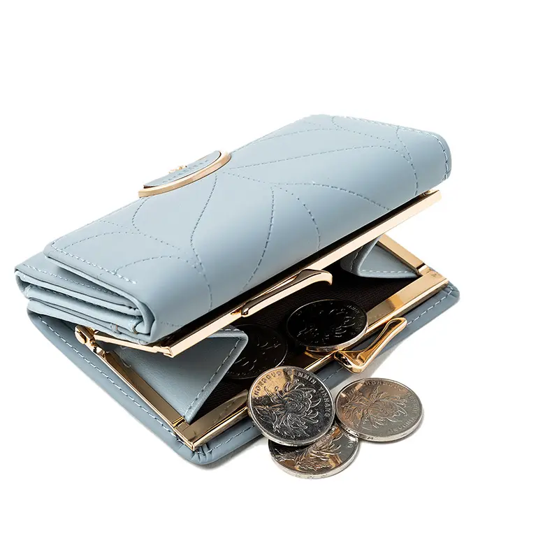 024 Women's summer new women's short wallet Japan and South Korea PU leather hardware buckle three fold bag high texture multi-c