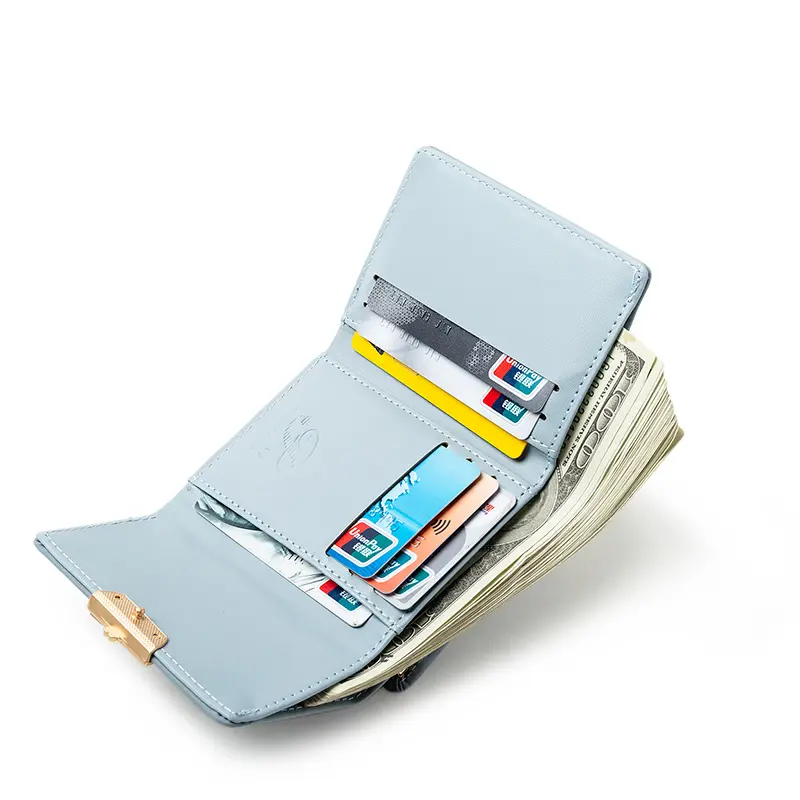 024 Women's summer new women's short wallet Japan and South Korea PU leather hardware buckle three fold bag high texture multi-c