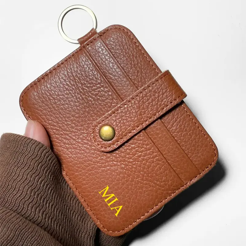 Vintage Genuine Leather Card Wallet Cowhide Woman Man Luxury Personalized ID Card Holder Slim Custom Name Purse With Keyring