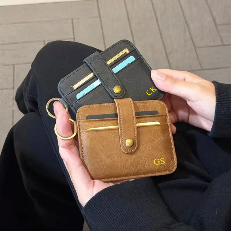 Vintage Genuine Leather Card Wallet Cowhide Woman Man Luxury Personalized ID Card Holder Slim Custom Name Purse With Keyring