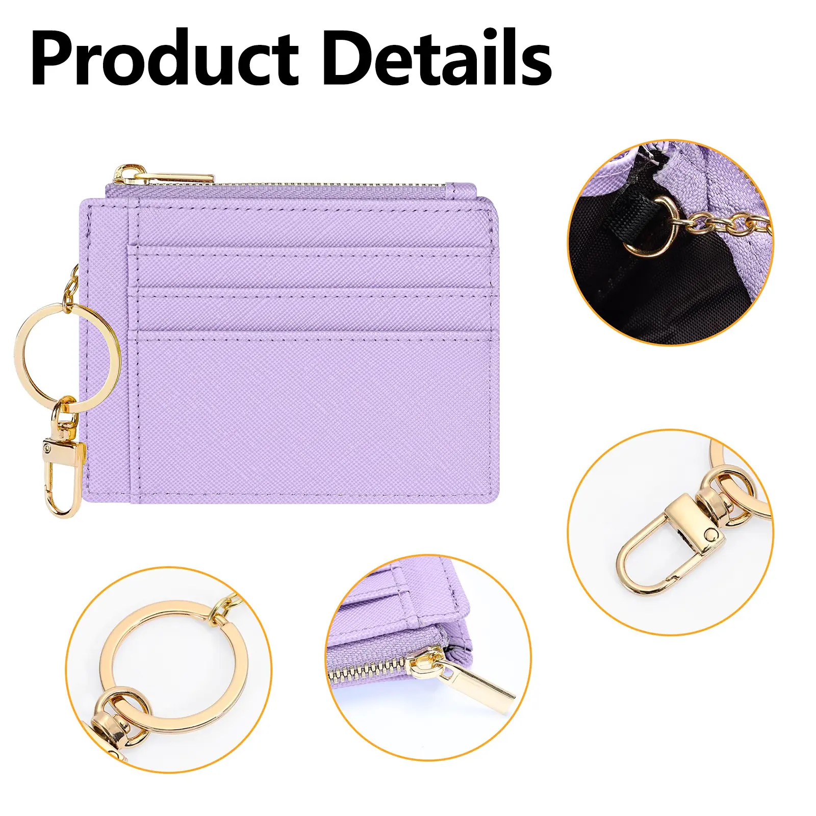 Leather coin purse, card holder, key case, 3card slots, 2side slots, 1transparent business card window, and 1zippered pocket.ZMT