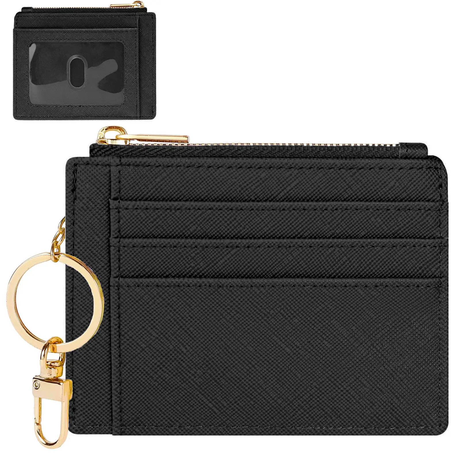 Leather coin purse, card holder, key case, 3card slots, 2side slots, 1transparent business card window, and 1zippered pocket.ZMT