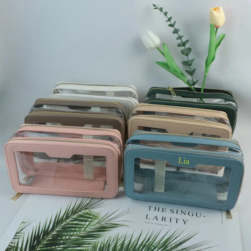Transparent TPU waterproof travel portable wash bagge genuine leather storage bag double-layer cosmetic bag