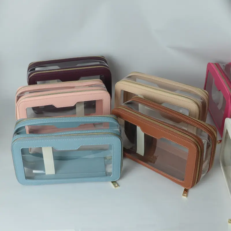 Transparent TPU waterproof travel portable wash bagge genuine leather storage bag double-layer cosmetic bag