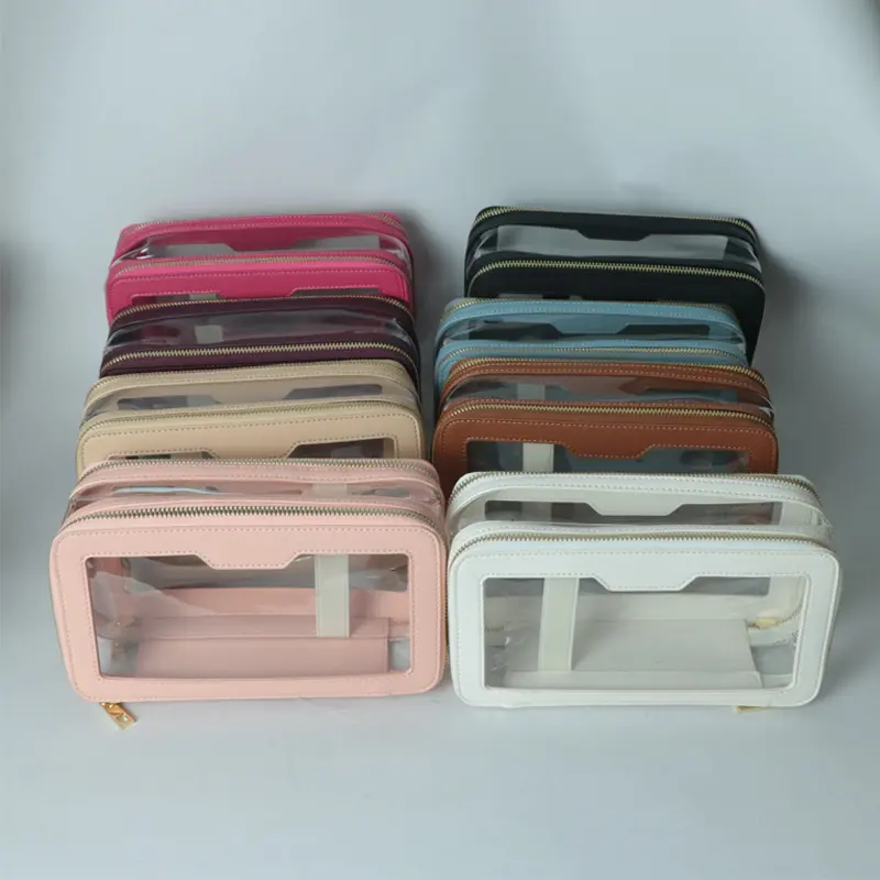 Transparent TPU waterproof travel portable wash bagge genuine leather storage bag double-layer cosmetic bag