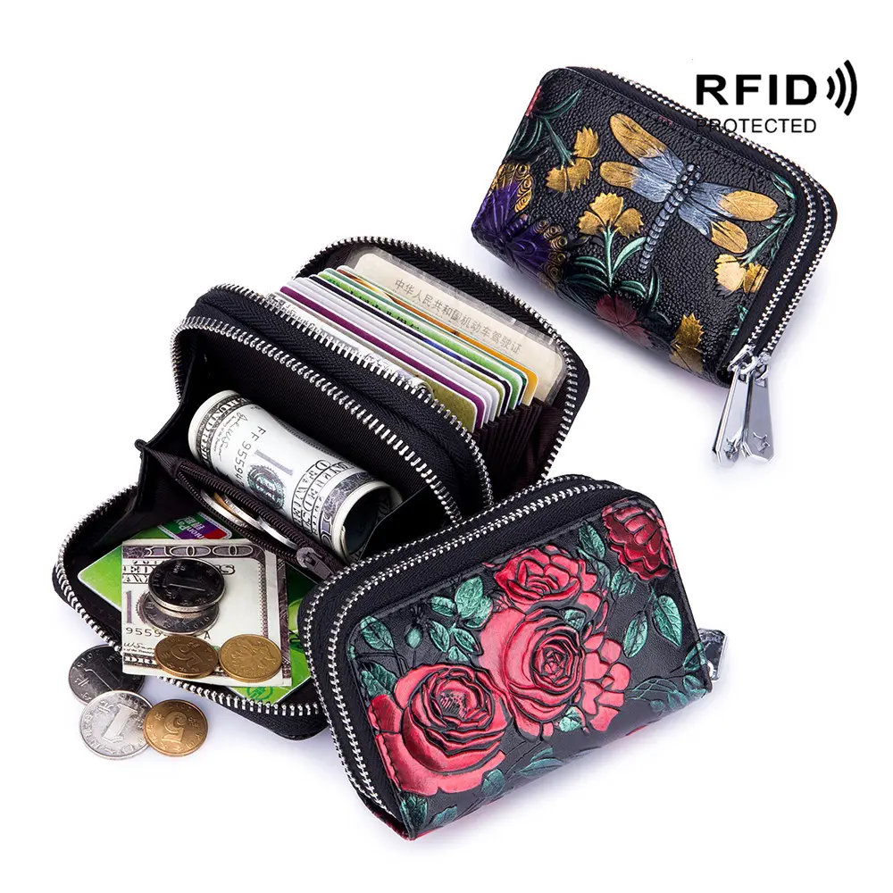 RFID Blocking Women Card Holder Split Leather Double Zipper Card Case Large Capacity 3D Flower Printed Lady Women Wallets Purse