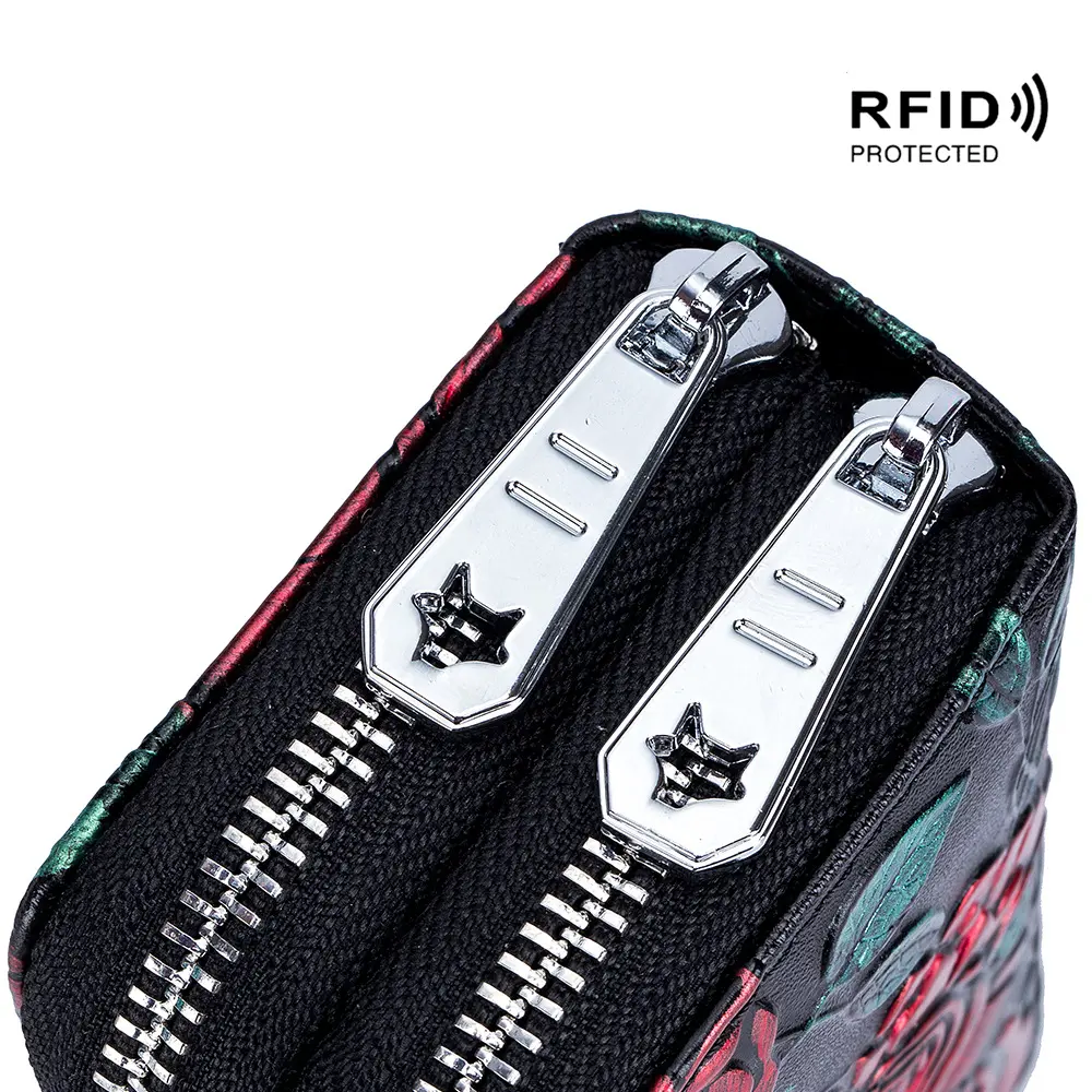 RFID Blocking Women Card Holder Split Leather Double Zipper Card Case Large Capacity 3D Flower Printed Lady Women Wallets Purse