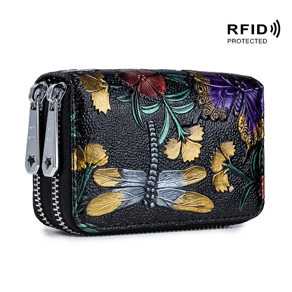 RFID Blocking Women Card Holder Split Leather Double Zipper Card Case Large Capacity 3D Flower Printed Lady Women Wallets Purse