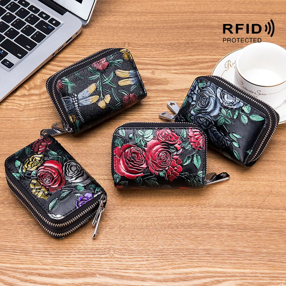 RFID Blocking Women Card Holder Split Leather Double Zipper Card Case Large Capacity 3D Flower Printed Lady Women Wallets Purse