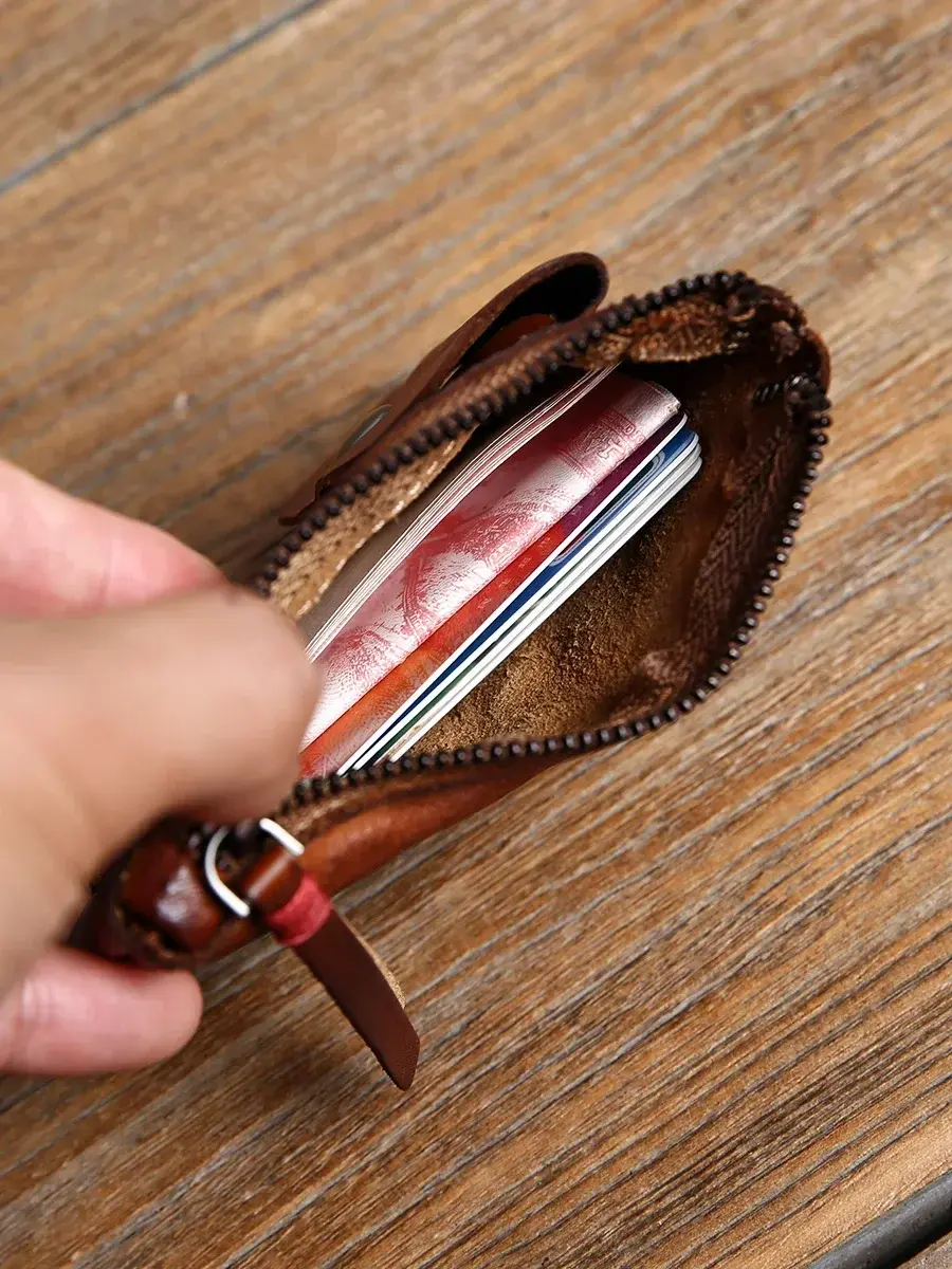 Handmade Minimalist Leather Wallet Tan Leather Zipper Wallet Women Retro Key Holder Small Money Bag