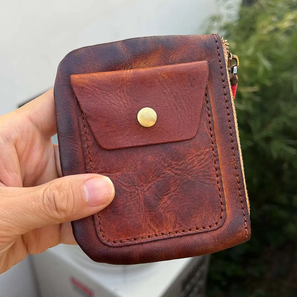 Handmade Minimalist Leather Wallet Tan Leather Zipper Wallet Women Retro Key Holder Small Money Bag