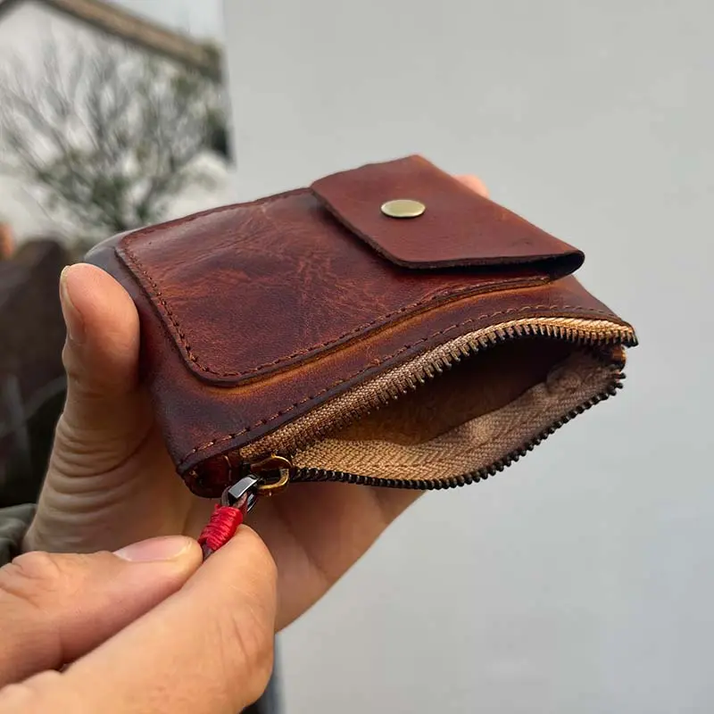 Handmade Minimalist Leather Wallet Tan Leather Zipper Wallet Women Retro Key Holder Small Money Bag