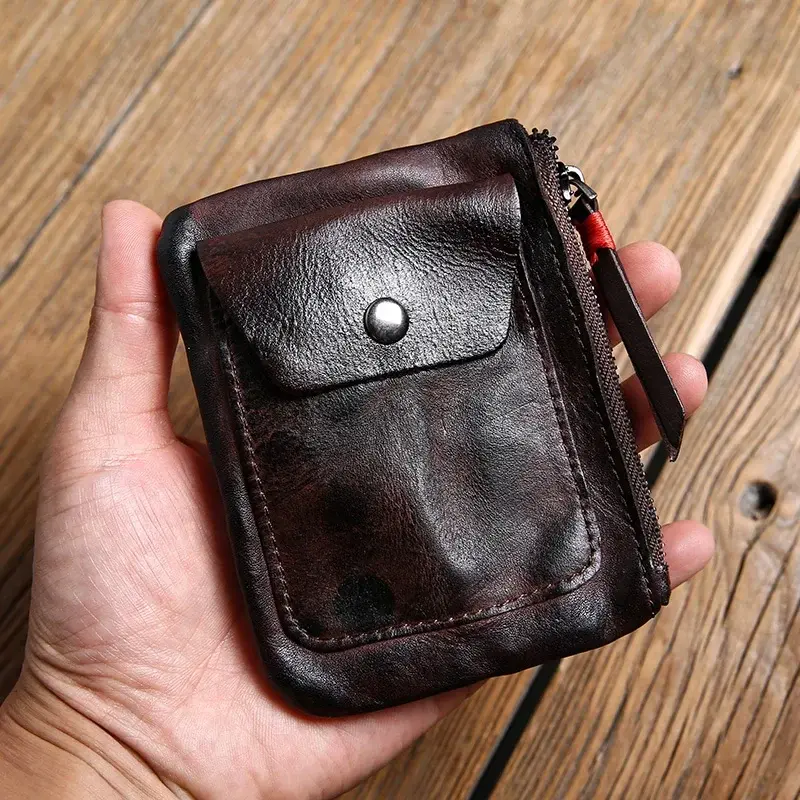 Handmade Minimalist Leather Wallet Tan Leather Zipper Wallet Women Retro Key Holder Small Money Bag