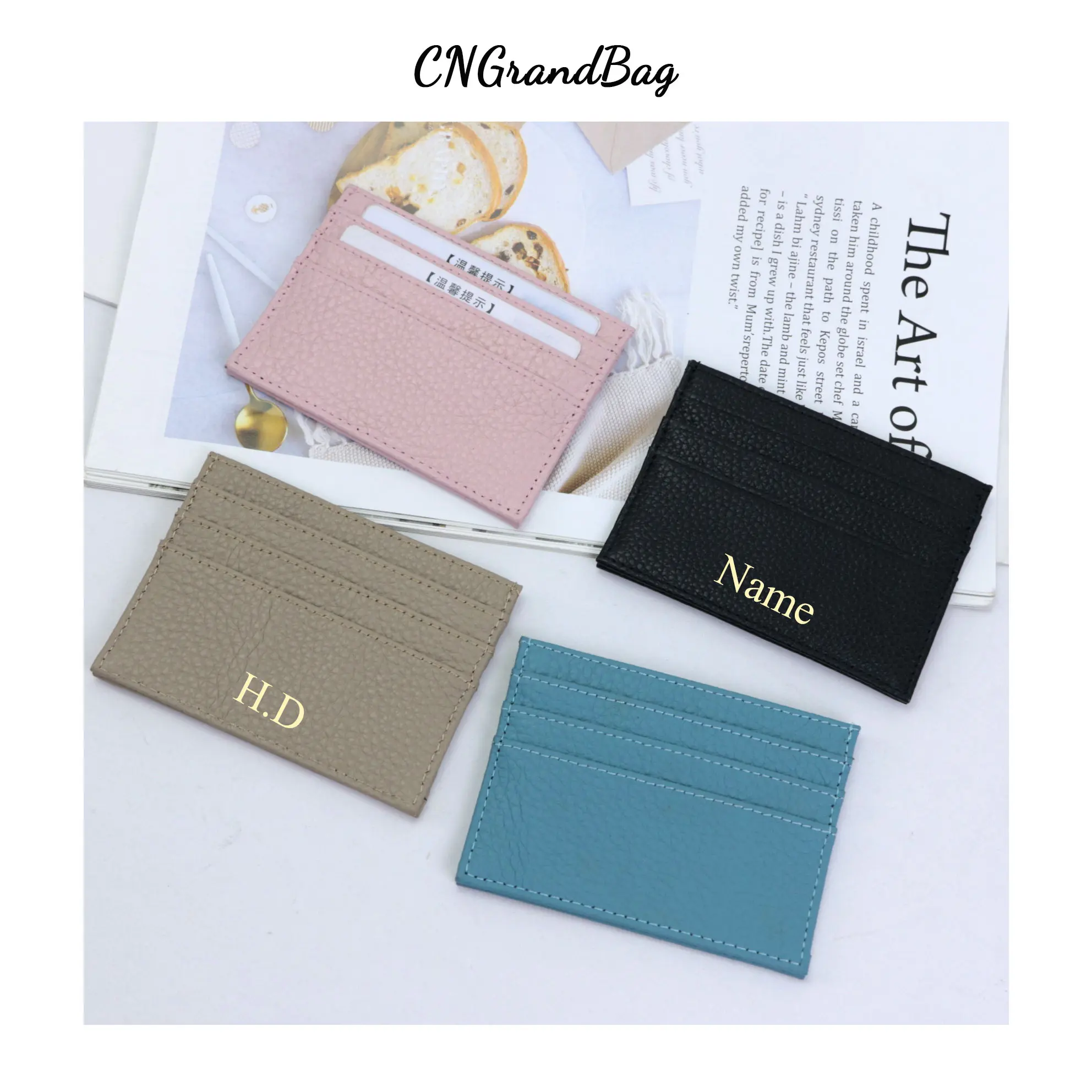 Custom 100% Cow Leather Pebble Pattern Credit Card Holder Slim Wallet Men Women Pocket Card Wallet Custom Initial Letters Case