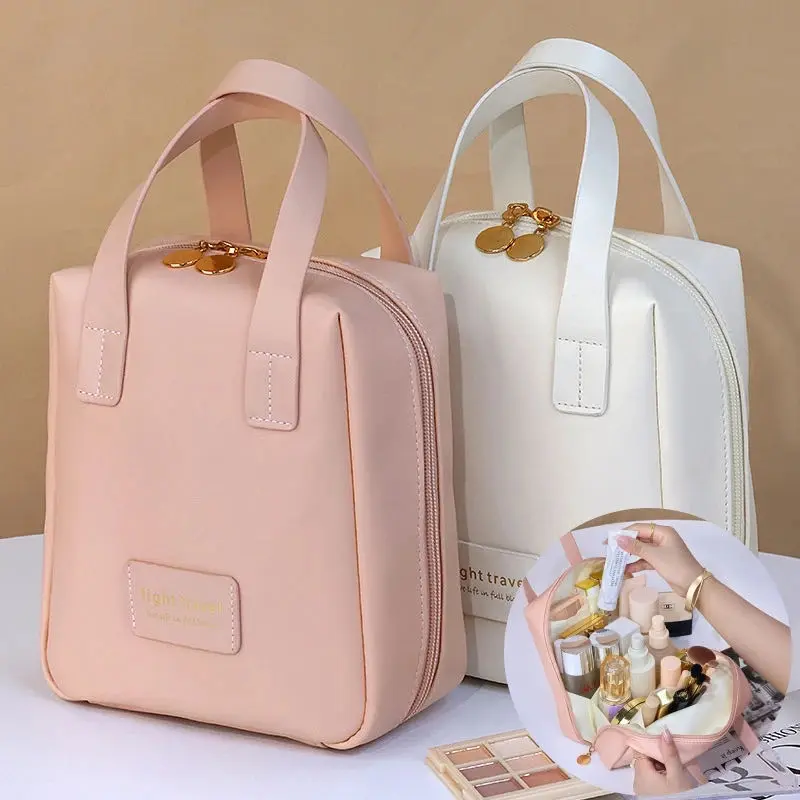 Large Capacity Travel Cosmetic Bag Portable Leather Toiletry Bag with Handle Organizer Multifunctional Waterproof Makeup Bag